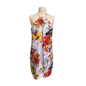 Trina Turk Blue Watercolor Floral Pinch Neck Halter Sleeveless Dress